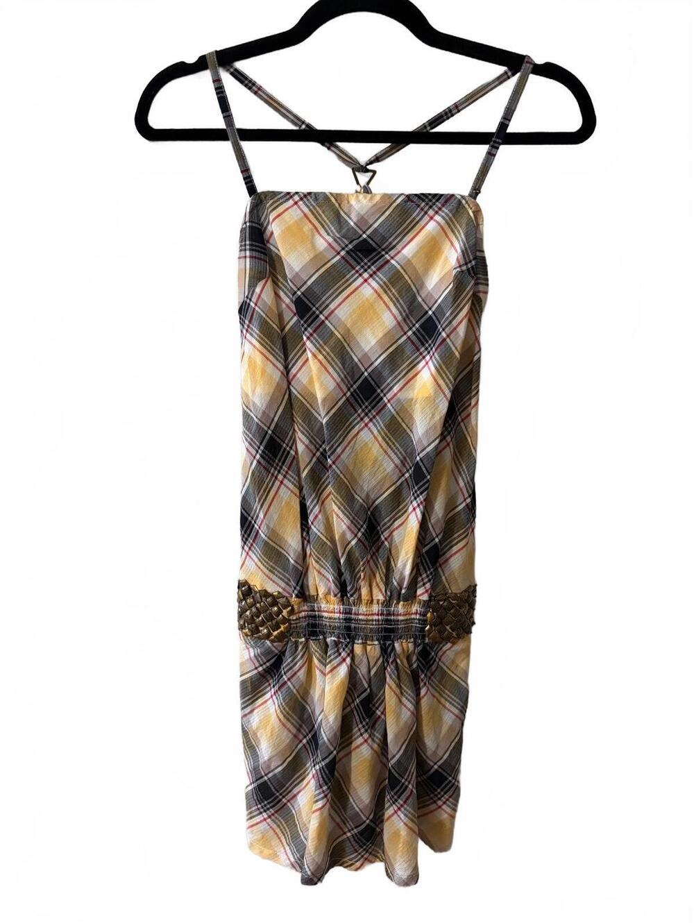 GUESS Mini Sundress Womens XS Plaid Yellow Gray Red Fit & Flare Knee Length